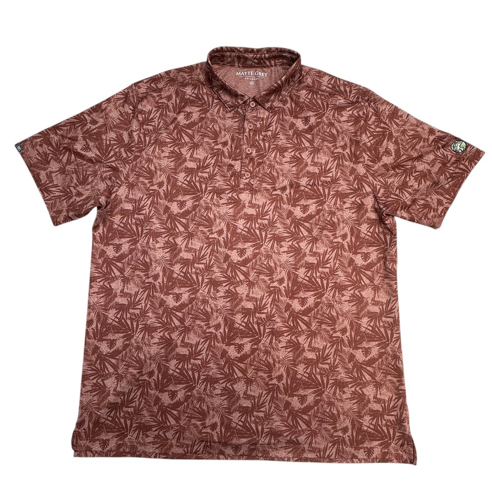 Matte Grey Polo Shirt Mens 2XL Brown Floral Print‎ Welcome Home Golf Stretch Top
